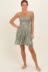 Green Floral Sleeveless Tiered Dress