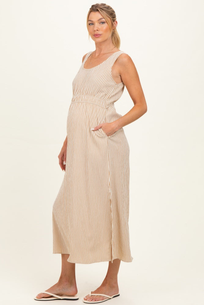 Beige Striped Sleeveless Cutout Maternity Maxi Dress