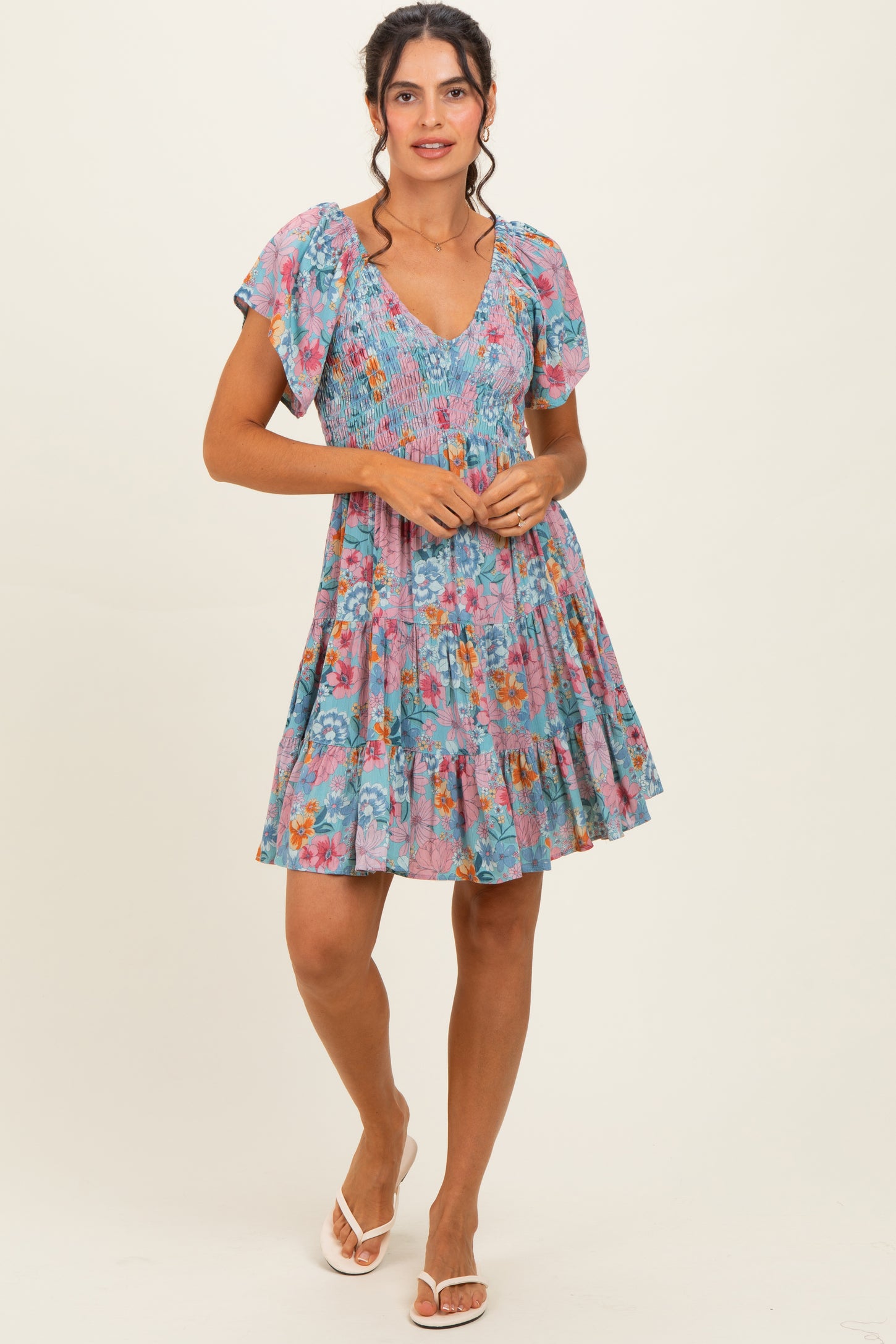Teal V Neck Smocked Bust Short Sleeve Short Dress