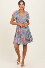 Teal V Neck Smocked Bust Short Sleeve Short Dress