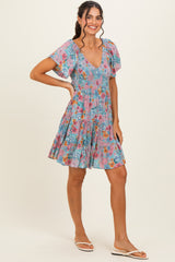 Teal V Neck Smocked Bust Short Sleeve Short Dress