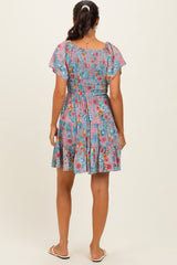 Teal V Neck Smocked Bust Short Sleeve Short Dress