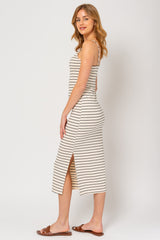 Cream Striped Sleeveless Side Slit Midi Dress