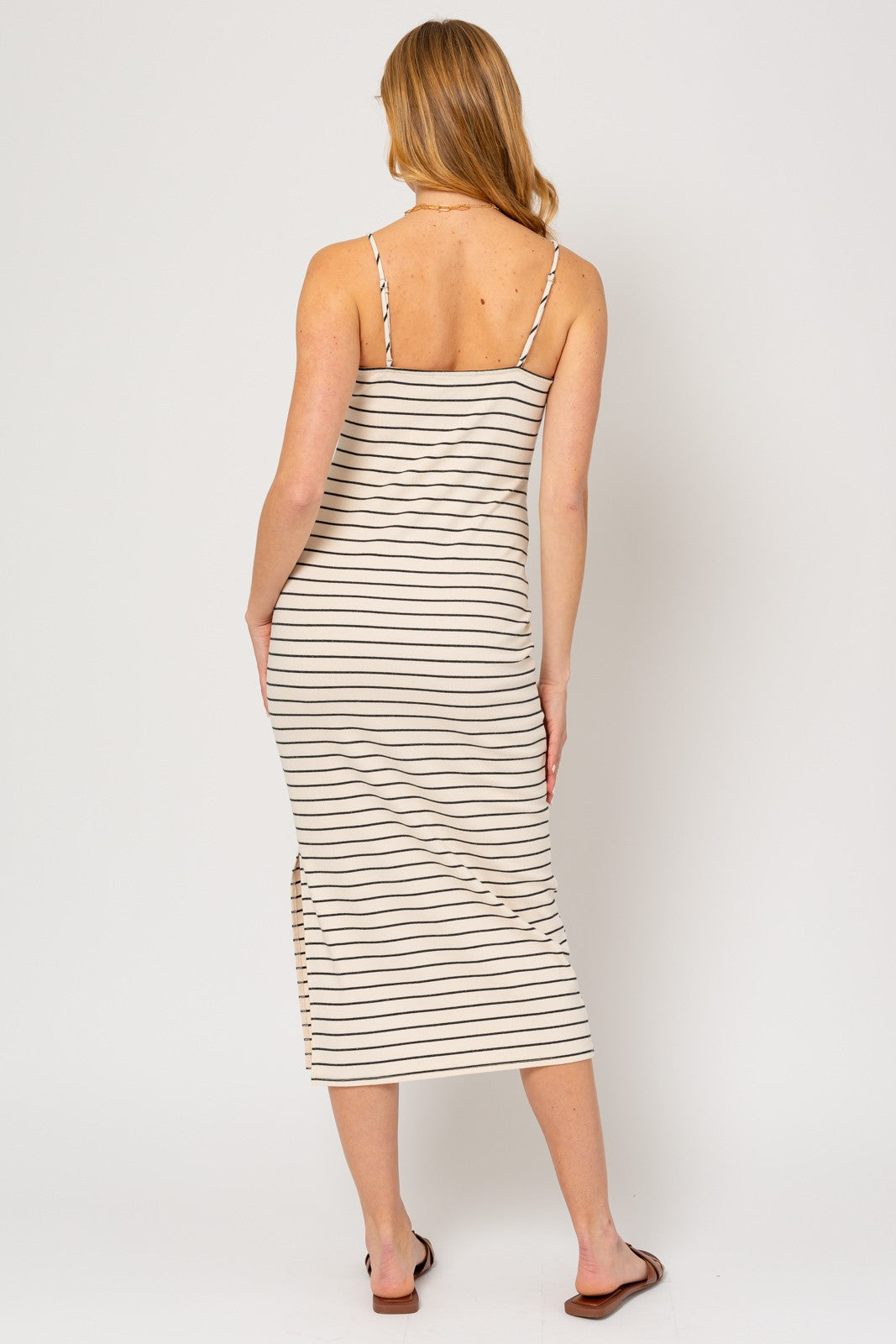 Cream Striped Sleeveless Side Slit Midi Dress