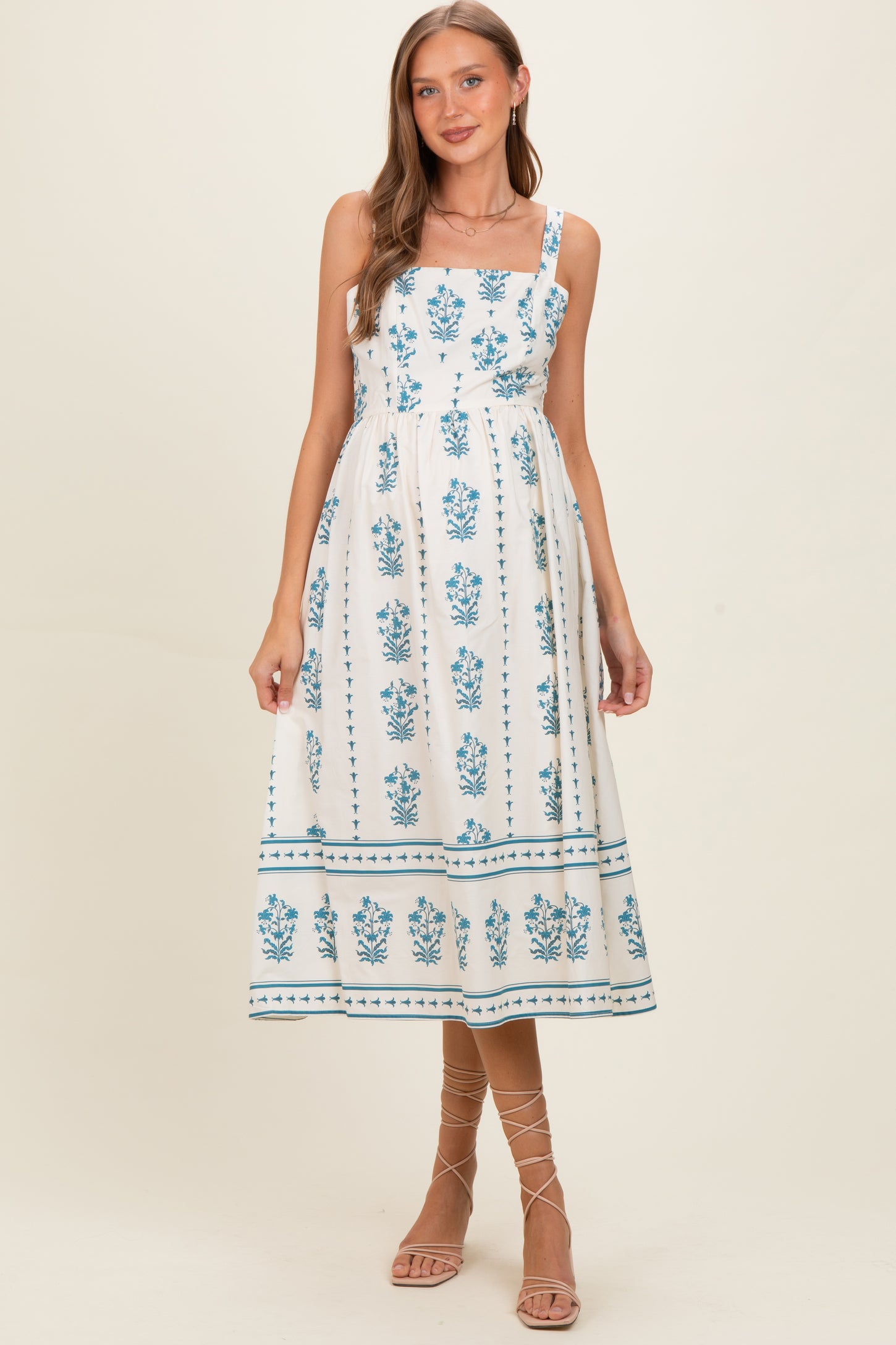 Cream Floral Square Neck Maternity Midi Dress