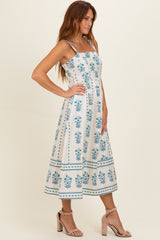 Cream Floral Square Neck Midi Dress