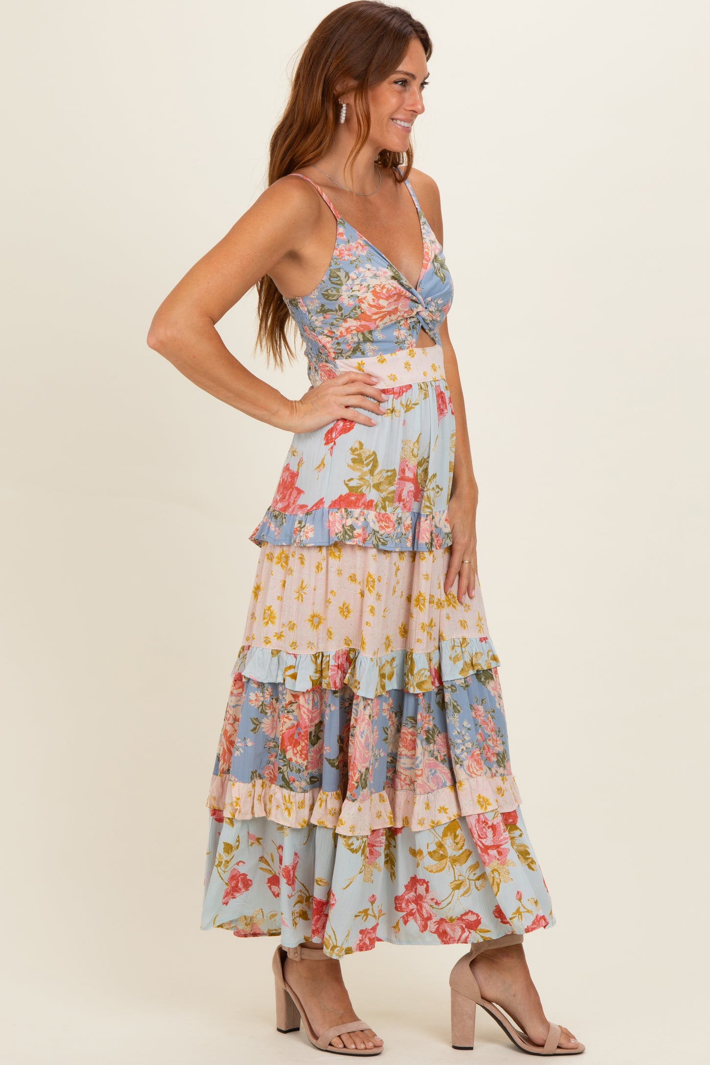 Multi V Neck Twist Front Tiered Maxi Dress