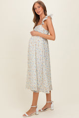 Ivory Floral Ruffle Strap Maternity Midi Dress