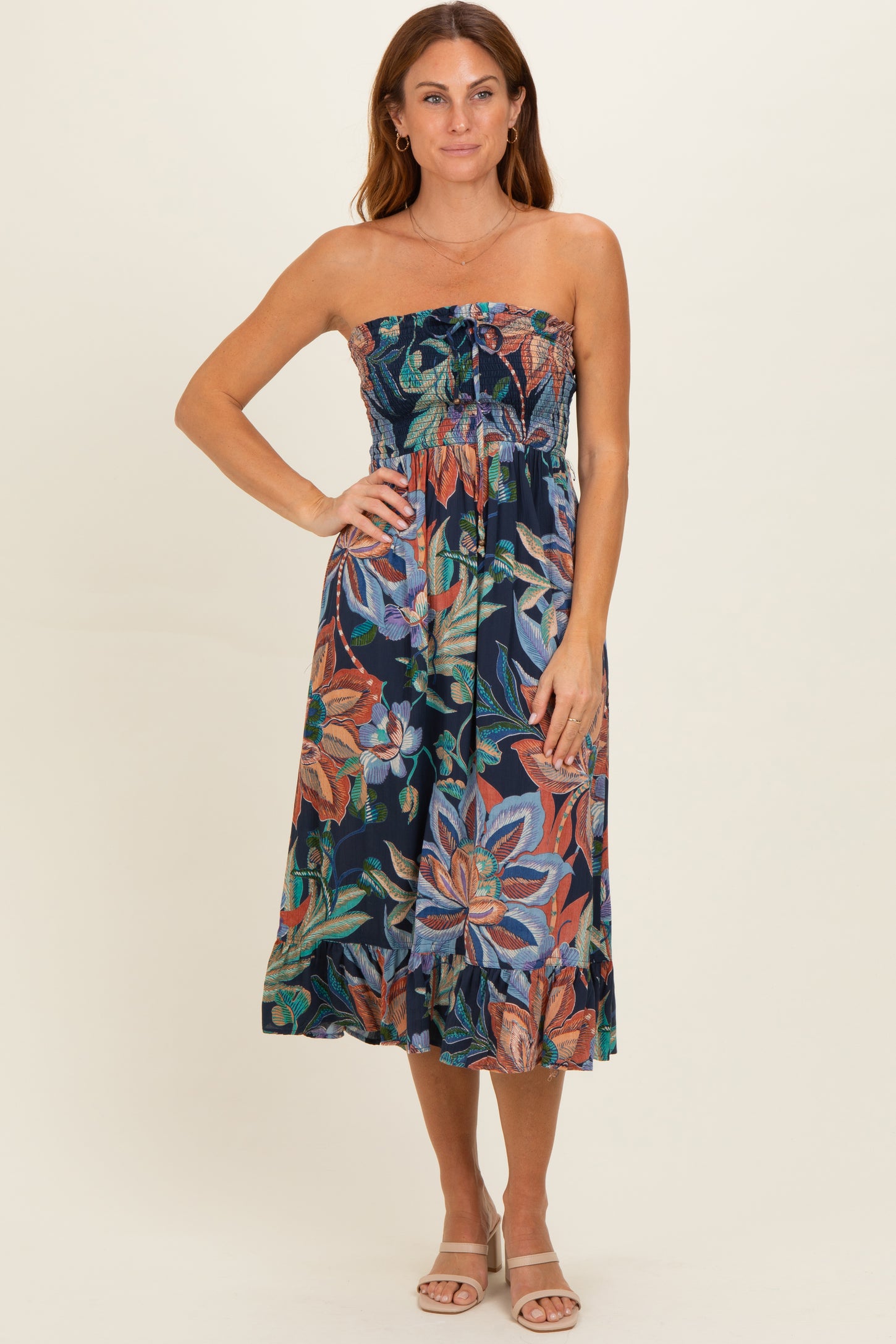 Navy Smocked Bodice Strapless Printed Maternity Midi Dress