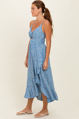 Cornflower V Neck Twist Front Cut Out Side Ruffle Slit Midi Dress