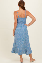 Cornflower V Neck Twist Front Cut Out Side Ruffle Slit Midi Dress