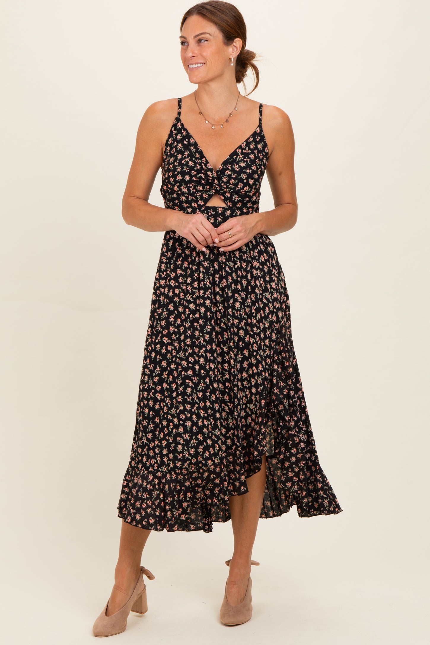 Black V Neck Twist Front Cut Out Side Ruffle Slit Maternity Midi Dress