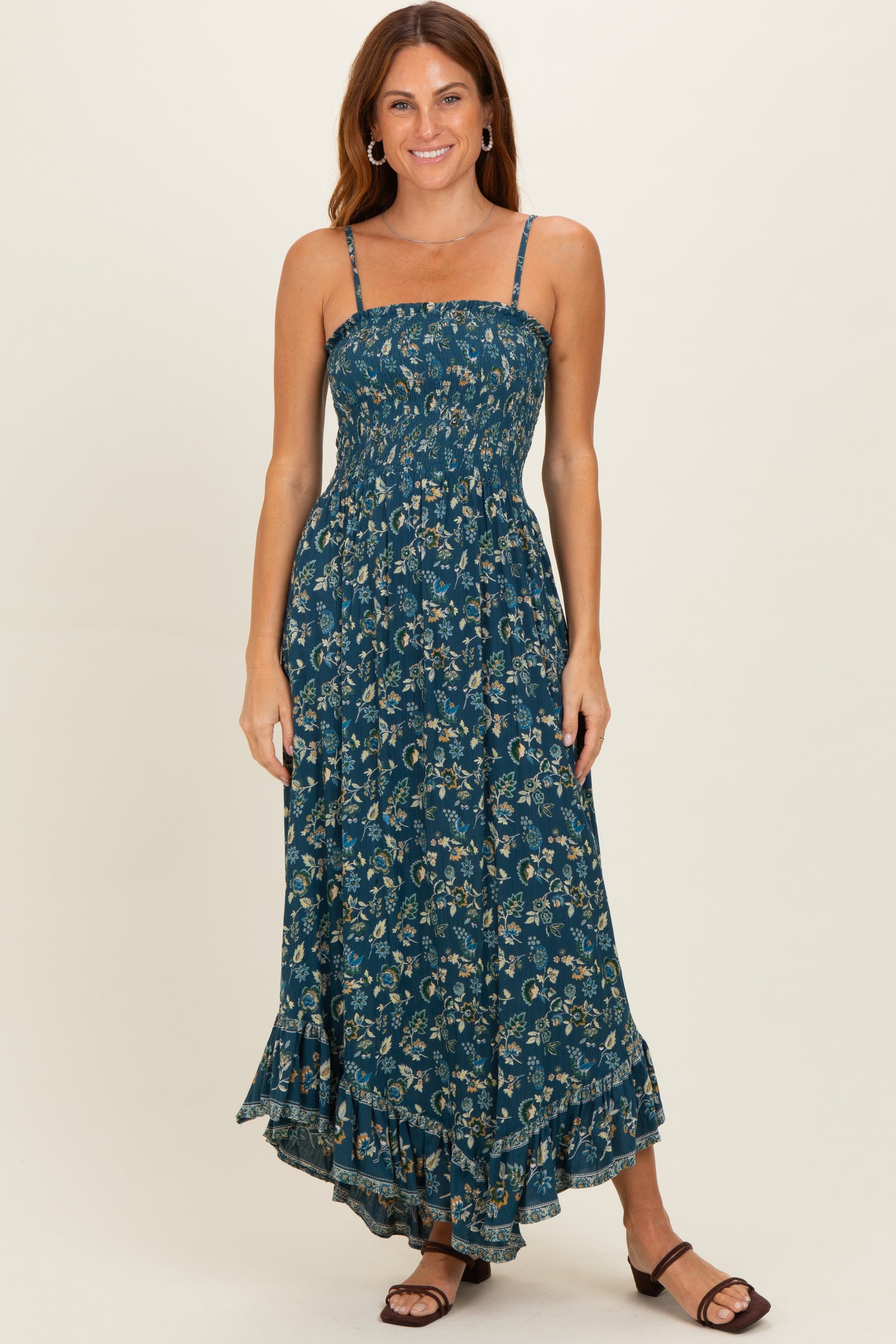 Teal Tie Neck Printed Maternity Sundress