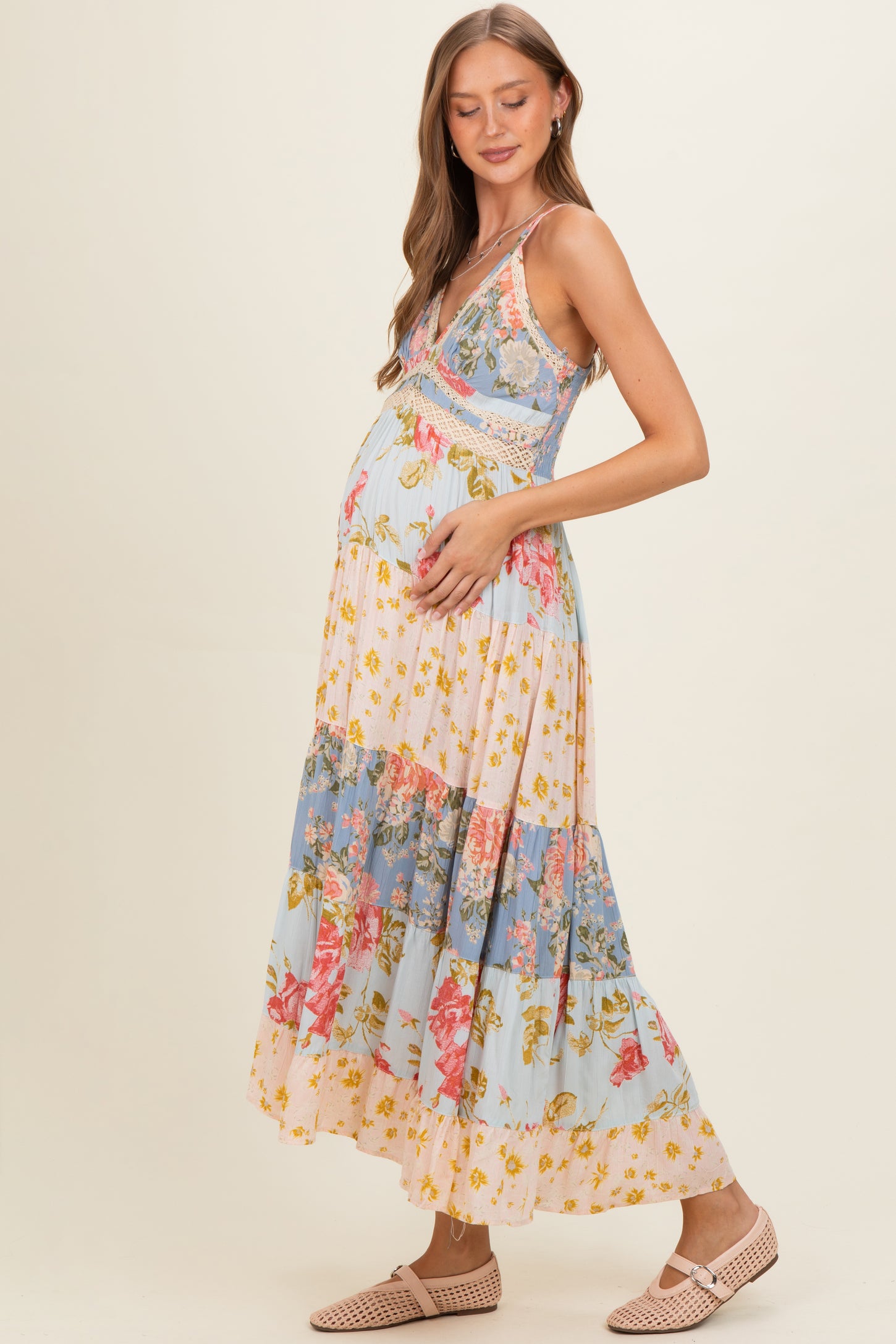 Multicolor Printed Lace Inset Tiered Maternity Maxi Dress