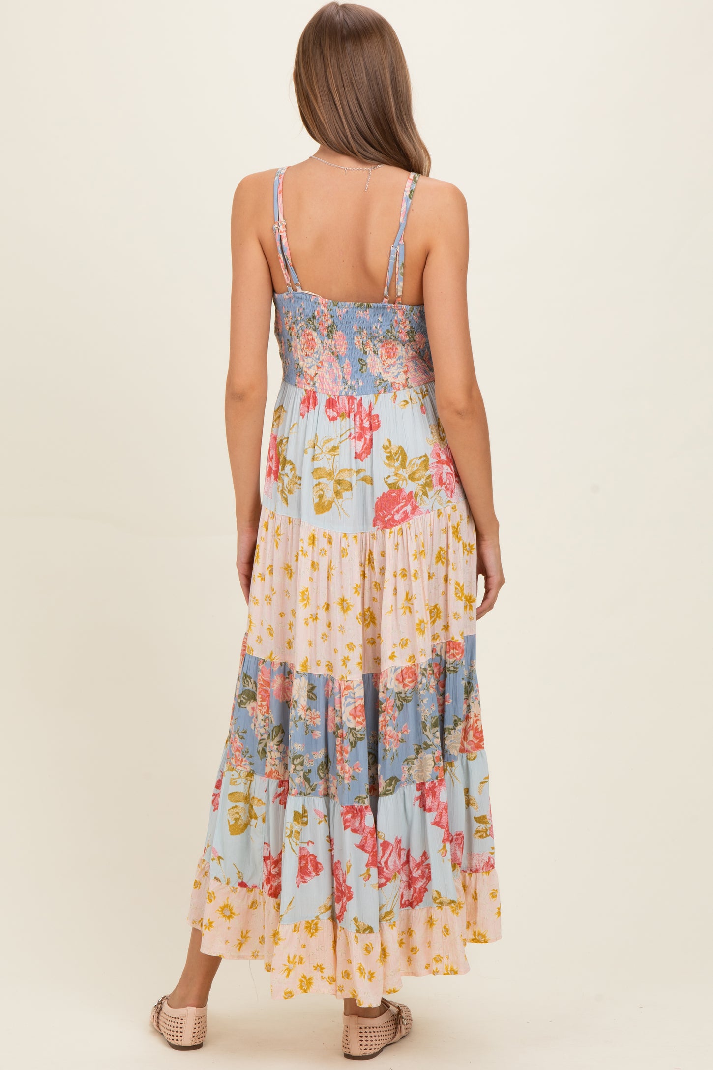 Multicolor Printed Lace Inset Tiered Maternity Maxi Dress