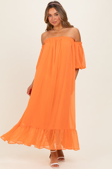Orange Chiffon Off Shoulder Maxi Dress