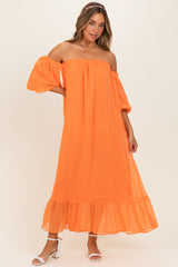 Orange Chiffon Off Shoulder Maxi Dress