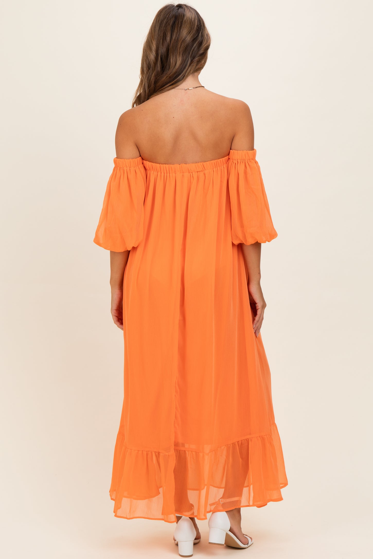 Orange Chiffon Off Shoulder Maxi Dress