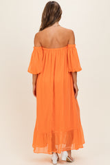 Orange Chiffon Off Shoulder Maxi Dress