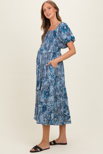 Blue Smocked Bodice Puff Sleeve Printed Maternity Midi Dress