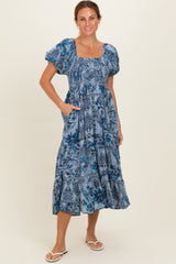 Blue Smocked Bodice Puff Sleeve Printed Maternity Midi Dress