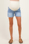 Light Blue Distressed Raw Hem Maternity Denim Shorts