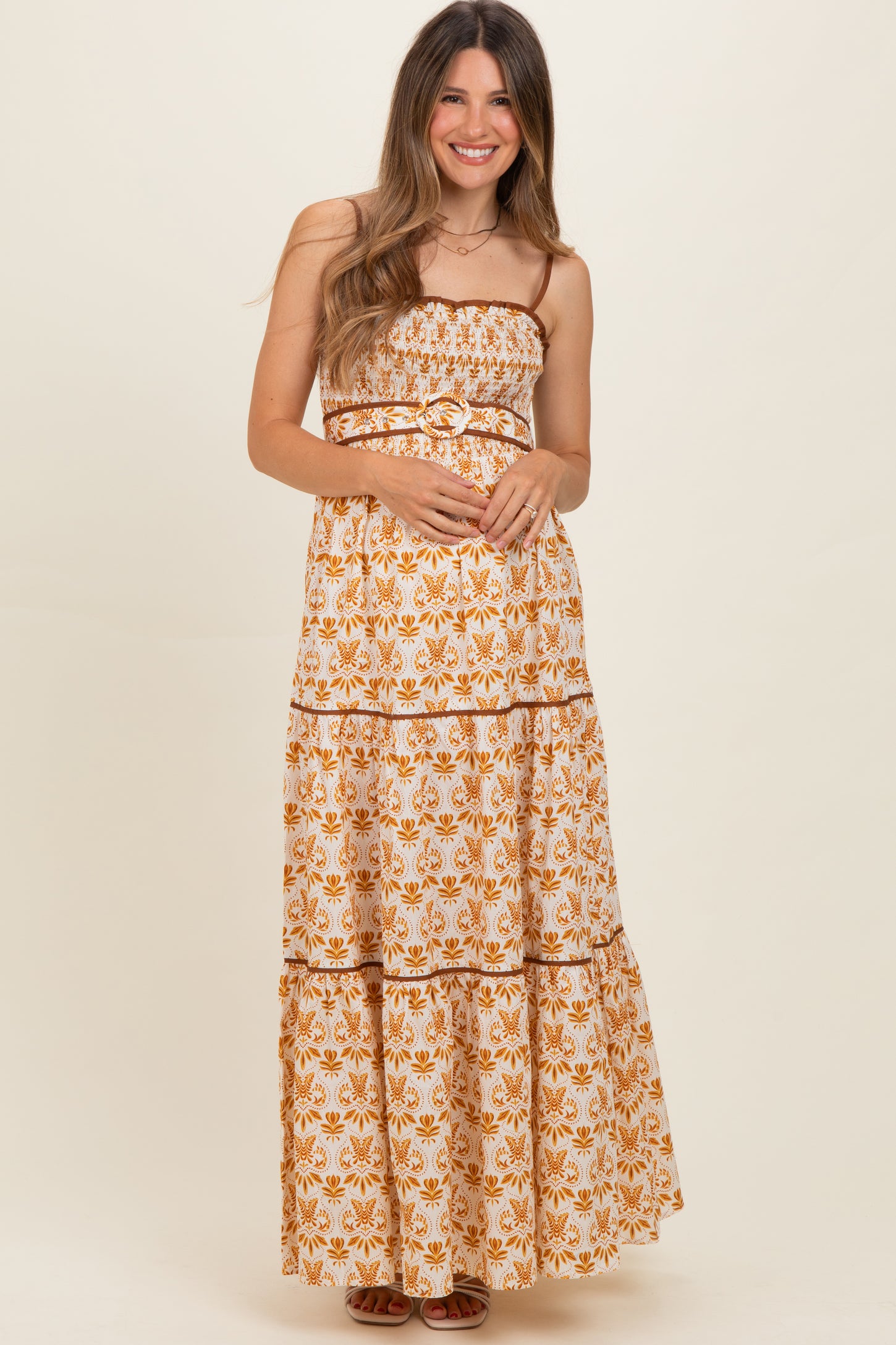 Camel Printed Smocked Maternity Maxi Dress
