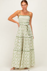 Green Printed Smocked Maternity Maxi Dress