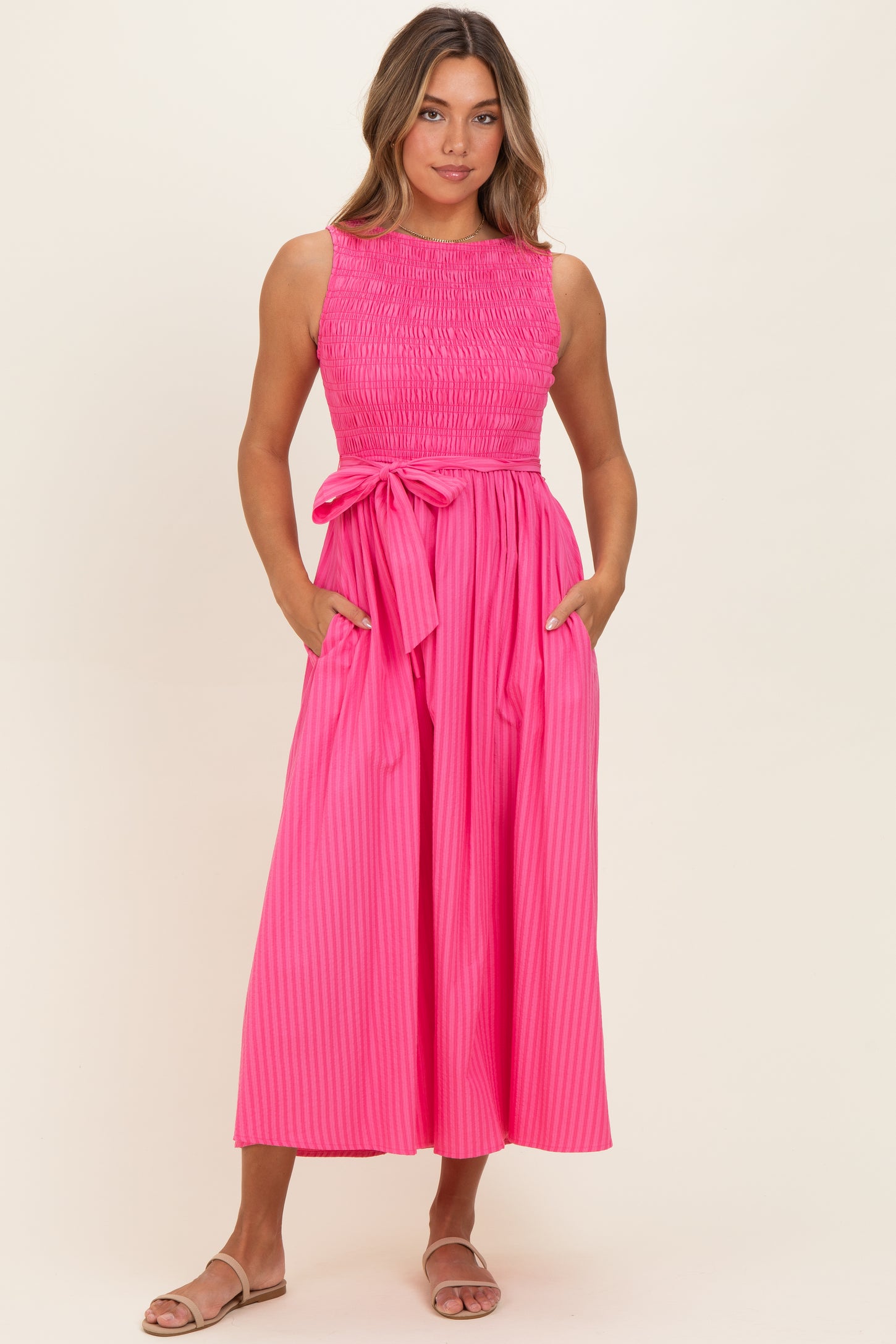 Pink Textured Tie Midi Dress