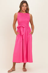 Pink Textured Tie Midi Dress