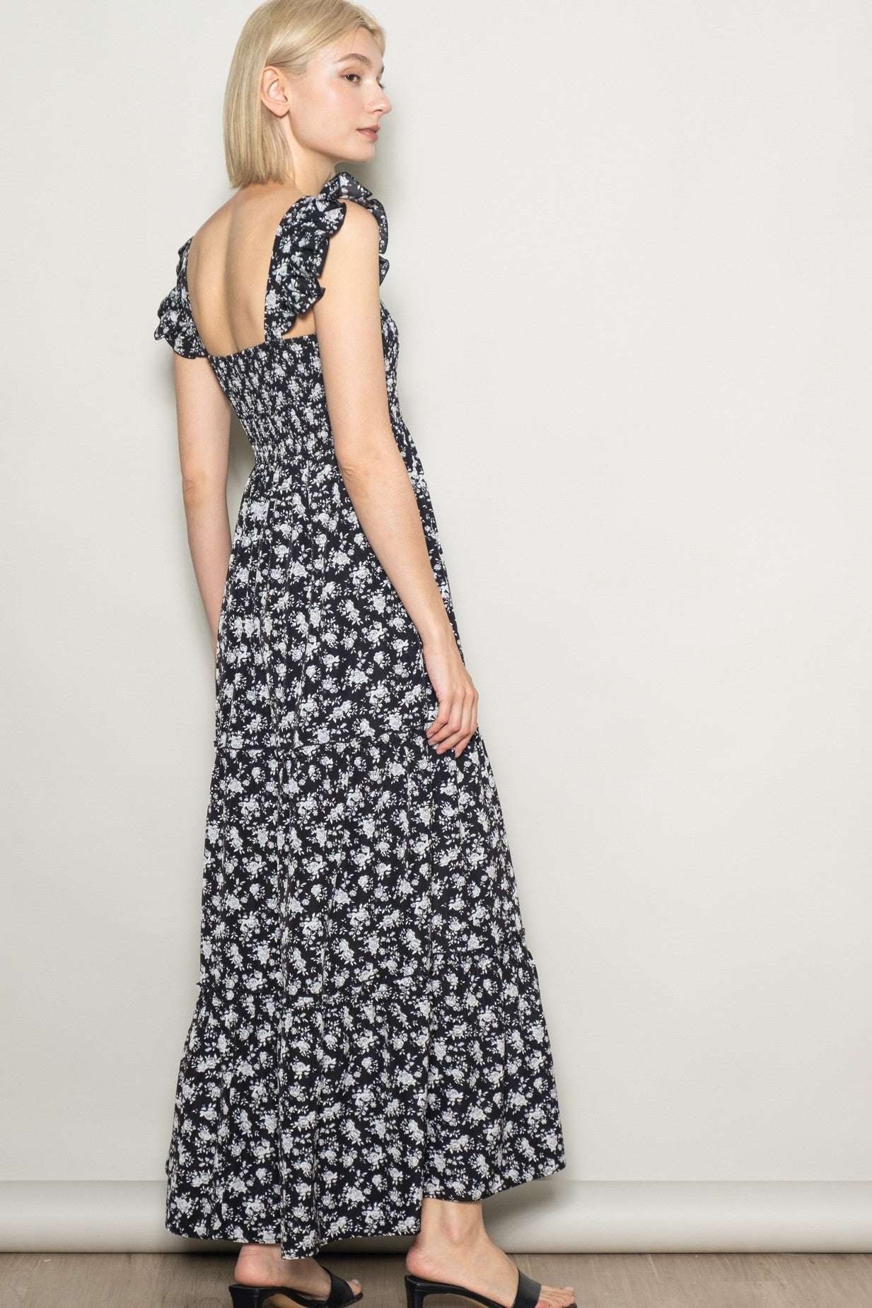 Black Floral Ruffle Tier Button Detail Maxi Dress