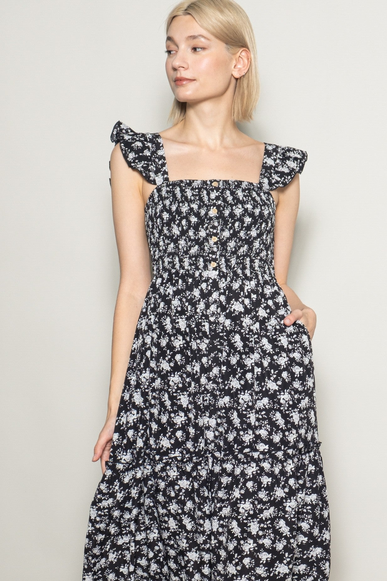 Black Floral Ruffle Tier Button Detail Maxi Dress