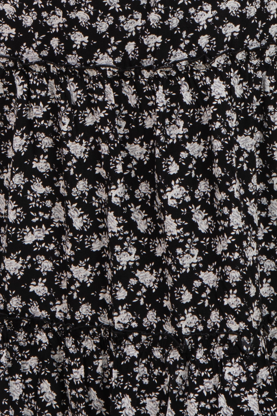 black floral maternity dress with gathered tiers and a fitted bodice