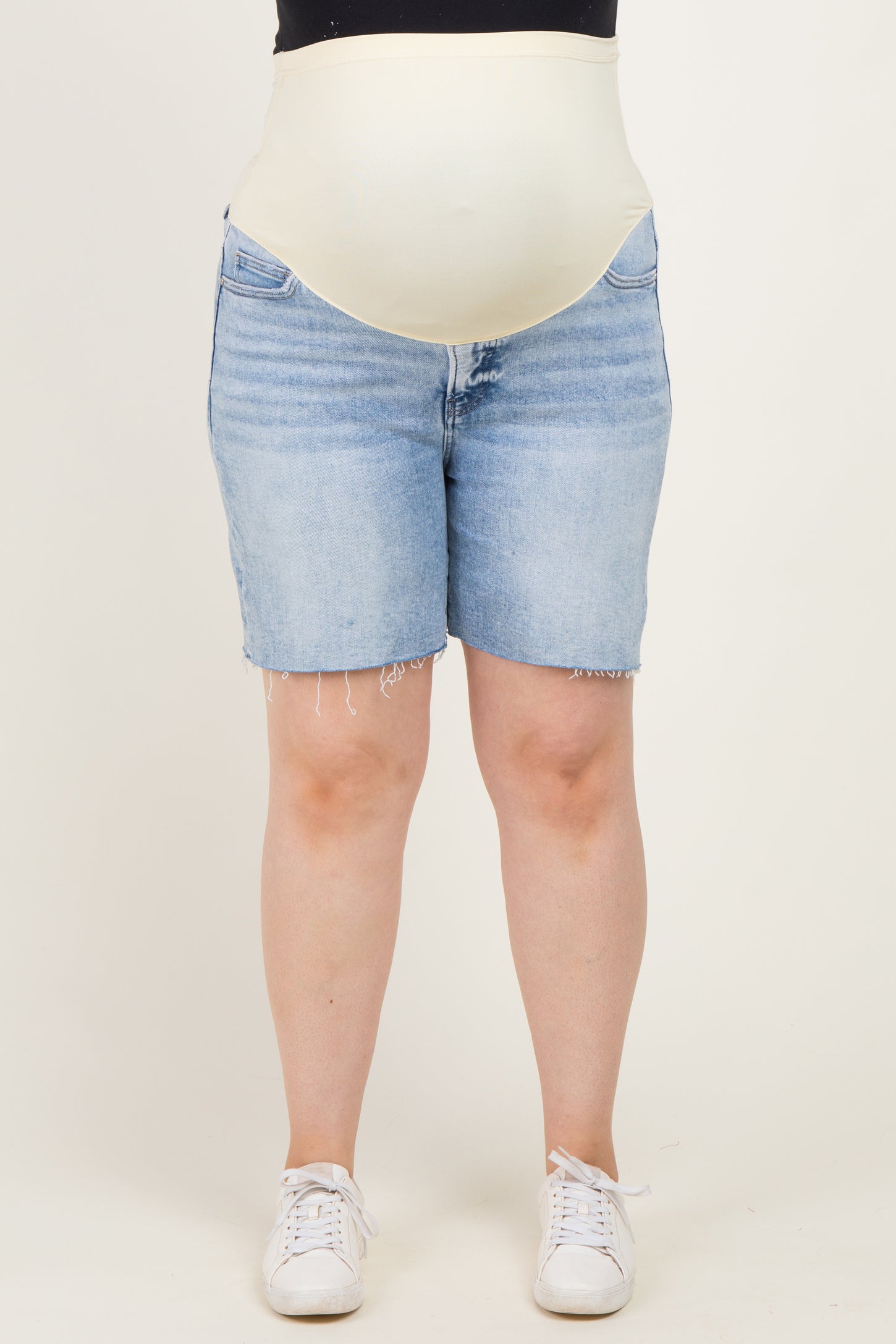 Blue Raw Cut Hem Mid Length Maternity Plus Denim Shorts