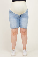 Blue Raw Cut Hem Mid Length Maternity Plus Denim Shorts