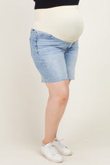 Blue Raw Cut Hem Mid Length Maternity Plus Denim Shorts