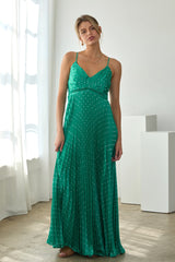 Green Polka Dot Pleated Cutout Maxi Dress