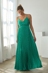 Green Polka Dot Pleated Cutout Maxi Dress