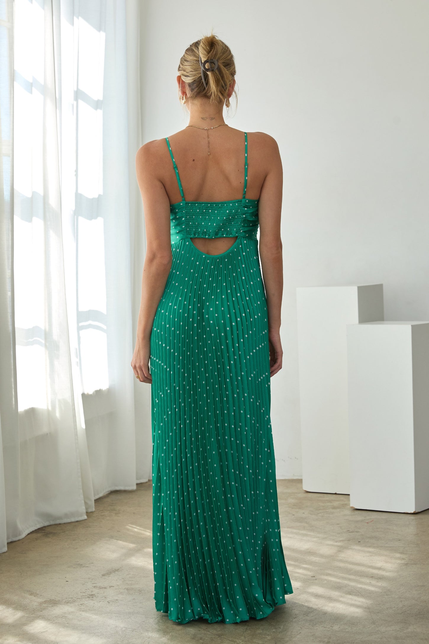 Green Polka Dot Pleated Cutout Maxi Dress