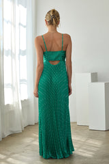 Green Polka Dot Pleated Cutout Maxi Dress