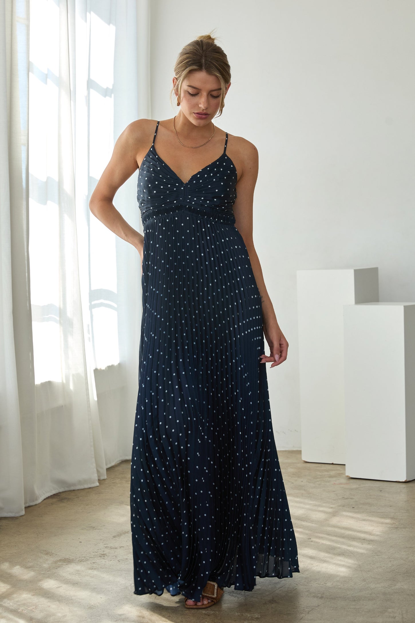 Navy Polka Dot Pleated Cutout Maternity Maxi Dress