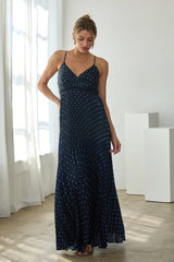 Navy Polka Dot Pleated Cutout Maternity Maxi Dress