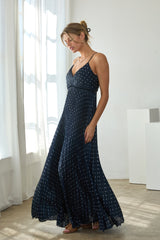 Navy Polka Dot Pleated Cutout Maxi Dress