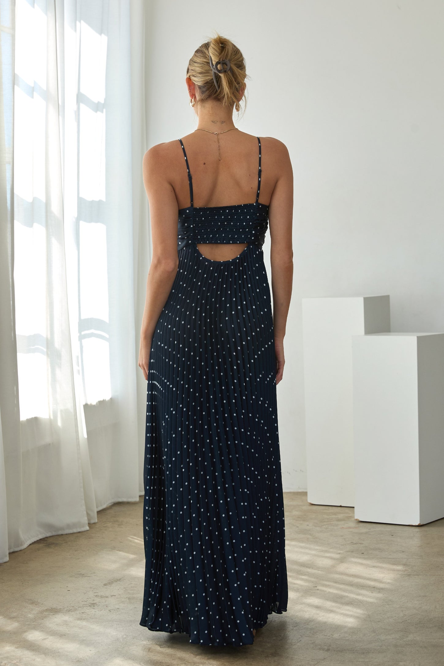 Navy Polka Dot Pleated Cutout Maxi Dress