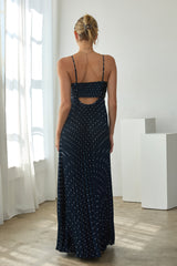 Navy Polka Dot Pleated Cutout Maxi Dress