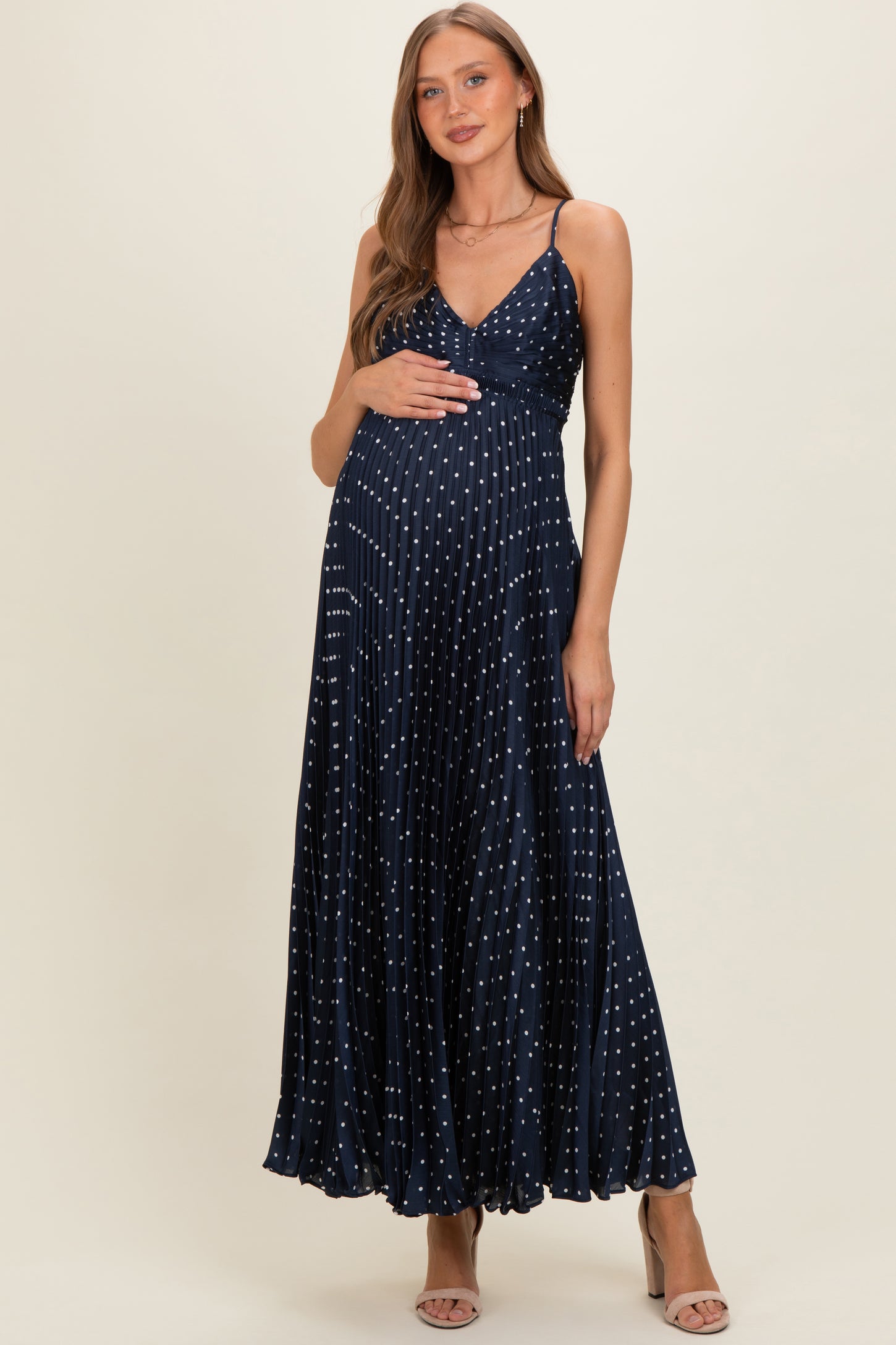 Navy Polka Dot Pleated Cutout Maternity Maxi Dress