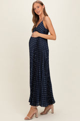Navy Polka Dot Pleated Cutout Maternity Maxi Dress
