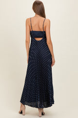 Navy Polka Dot Pleated Cutout Maternity Maxi Dress