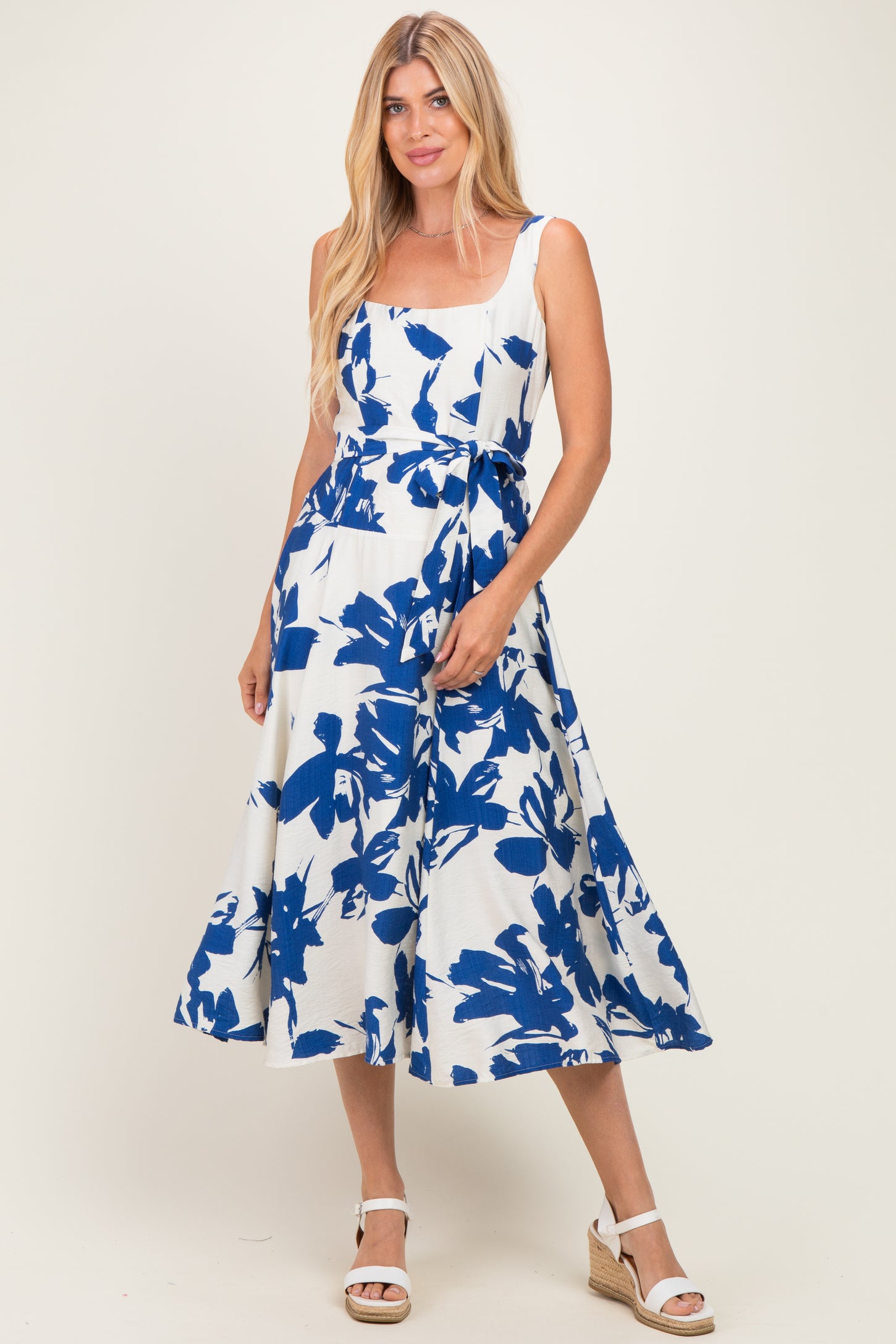Blue Floral Square Neck Waist Tie Midi Dress