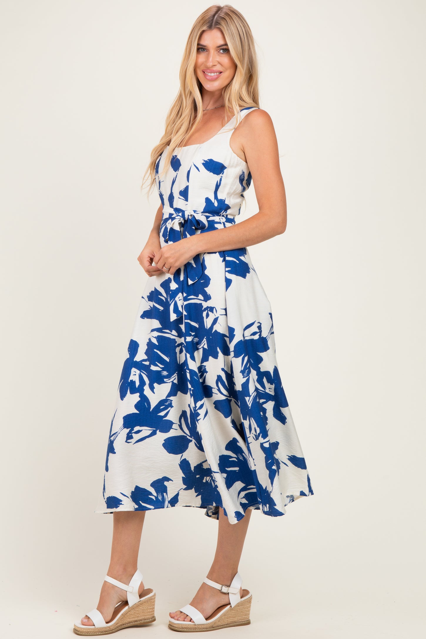Blue Floral Square Neck Waist Tie Midi Dress
